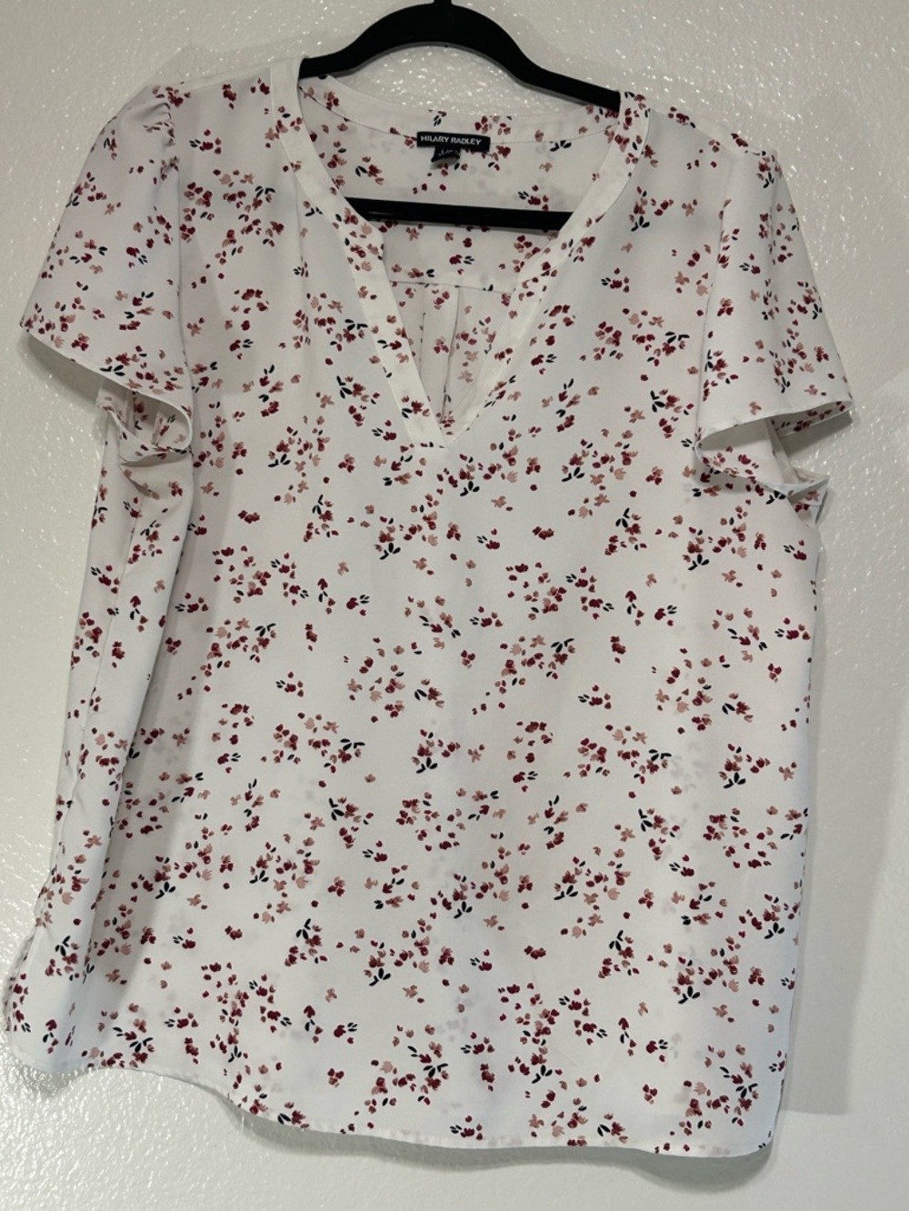 Hilary Radley Floral Blouse Size Large White Pink Short Sleeve Lightweight
